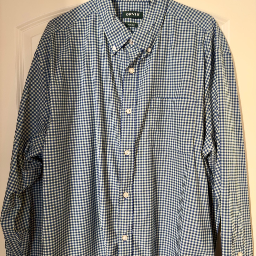 Orvis Men's Green and Blue Plaid Shirt